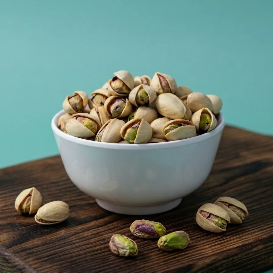 Yathrib lightly salted shelled pistachios from the USA, close-up of green and beige pistachio nuts in shells