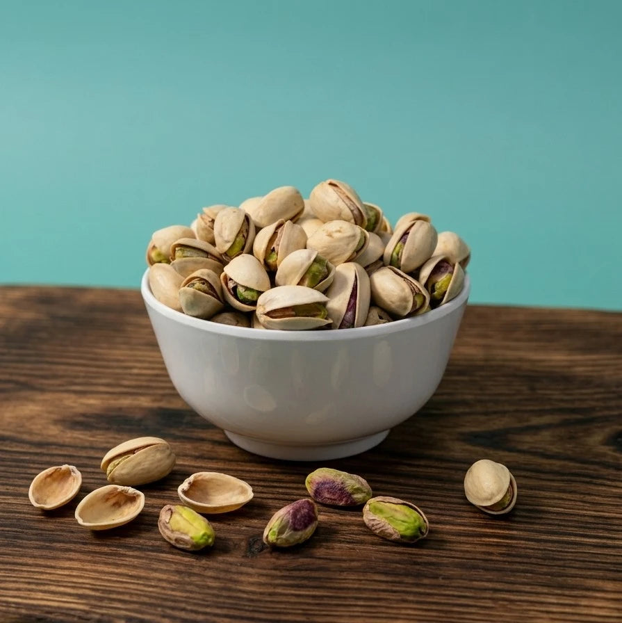 Raw plain pistachios in shells from Yathrib, USA, displayed in a rustic bowl, showcasing their natural green and beige colors.