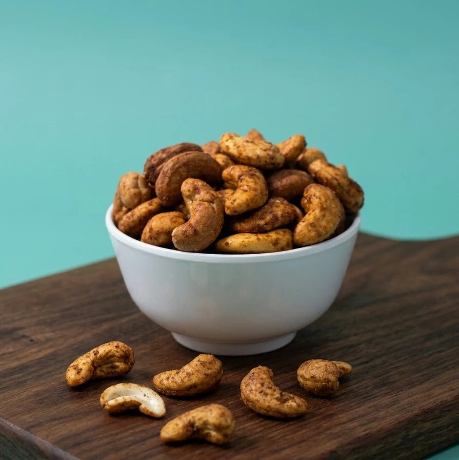 Yathrib smoky BBQ roasted cashews in a bowl, showcasing their crispy texture and smoky flavor.