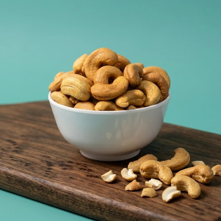 Jathrib jumbo roasted and salted cashews in a bowl, showcasing their crunchy texture and golden-brown appearance.
