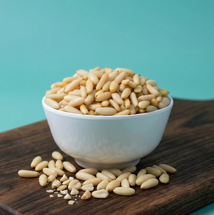 Yathrib Premium Afghan Pine Nuts in a clear bowl, showcasing their light tan color and small, oval shape on a neutral background.