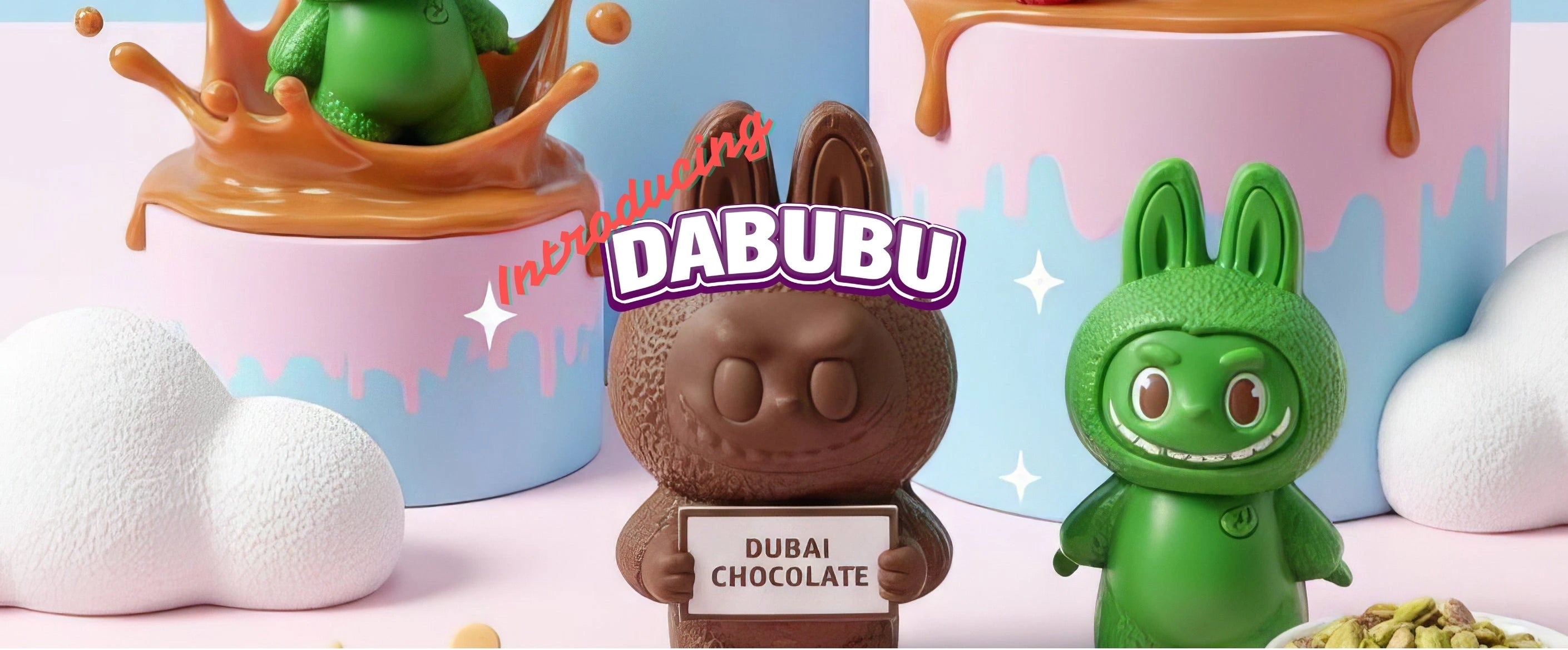 Two toy figures, one brown and one green, with 'DABUBU' branding on a colorful background.