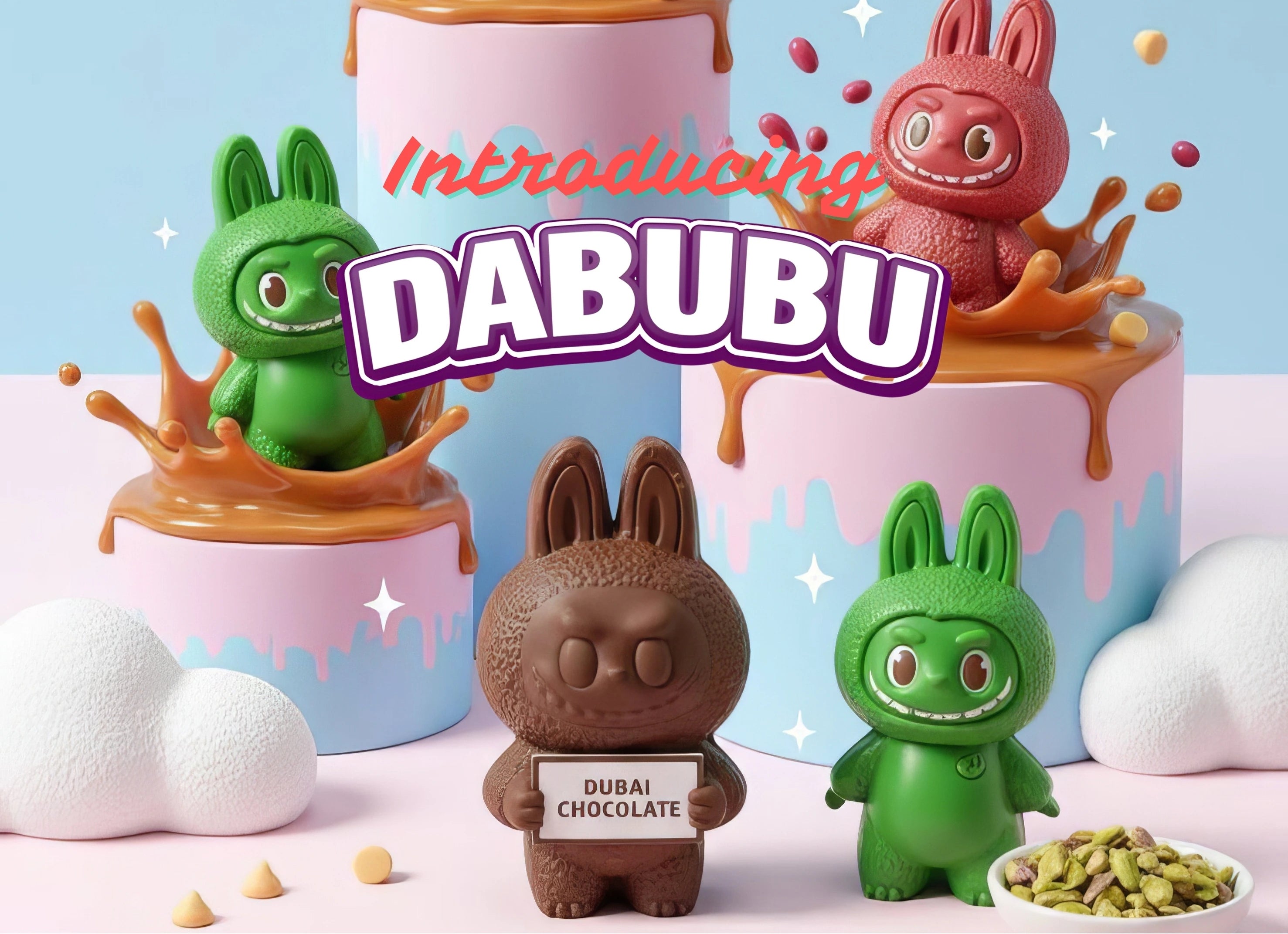 Dabubu Dayana Chocolate with colorful backgrounds and 'Introducing Dabubu' text.
