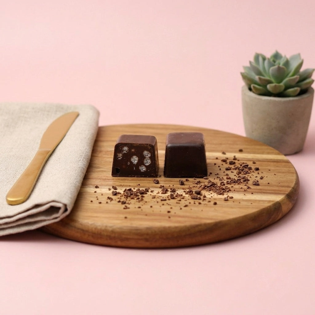 Dark chocolate Nerocanto by Yathrib featuring crispy texture, shown in a close-up image of the chocolate bar with visible crispy bits.
