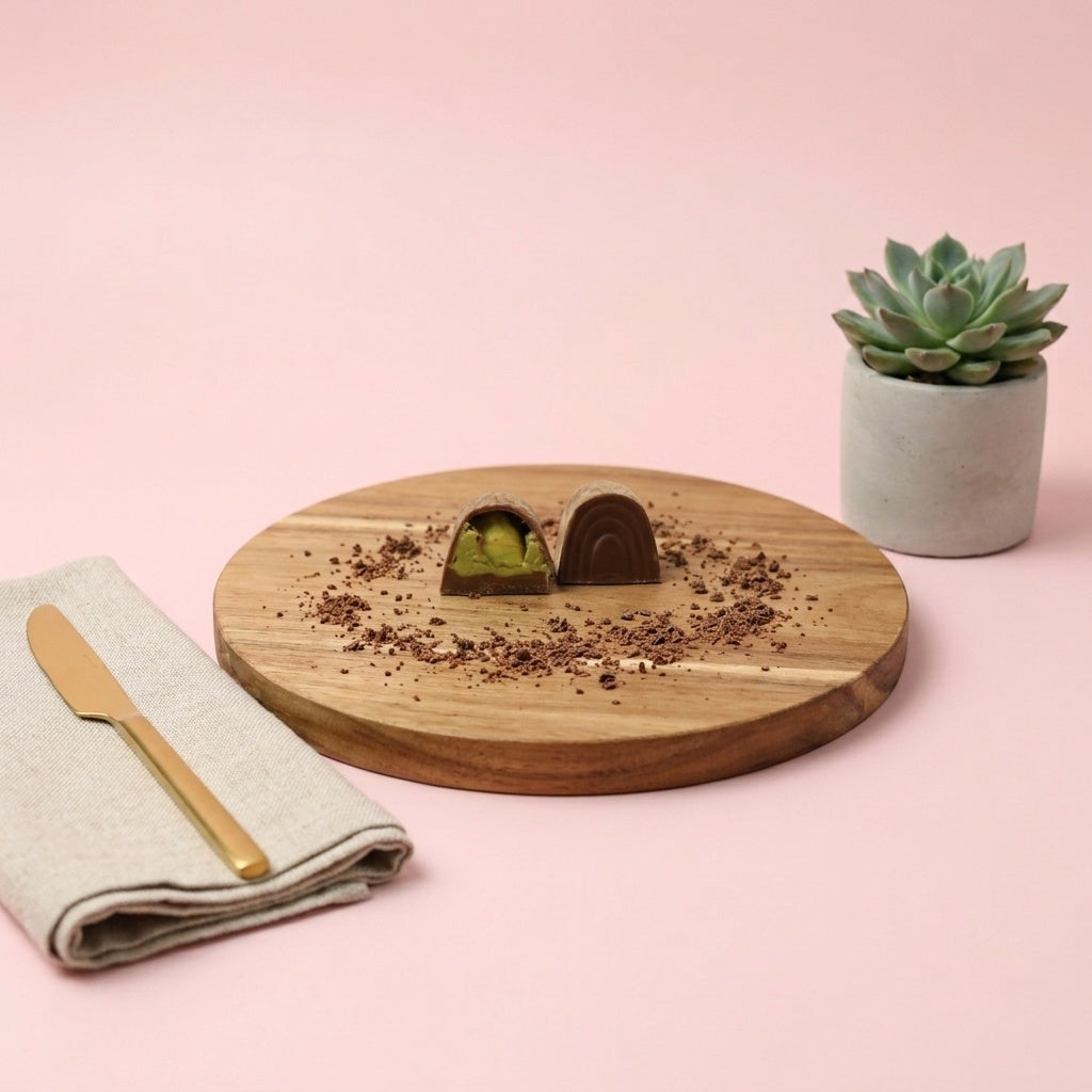 Yathrib Pistacore pistachio chocolate bar with green pistachio pieces and smooth chocolate coating on a white background