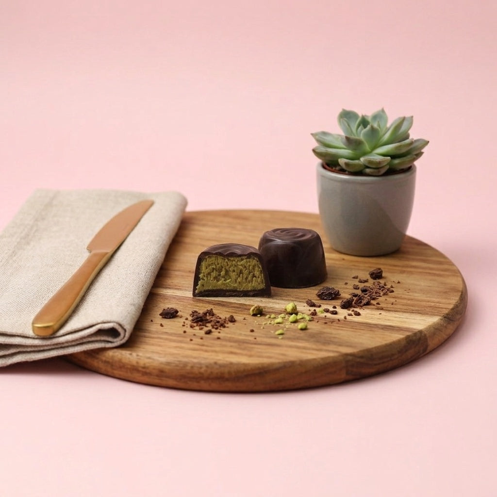 Yathrib Pistacura Pistachio Kunafa Dark Chocolate dessert with crushed pistachios and rich dark chocolate topping on a plate.